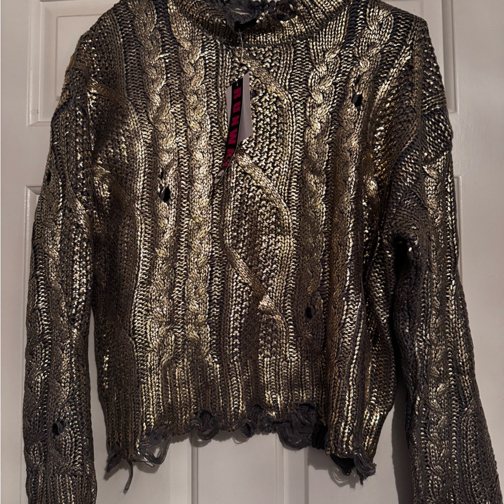 Metallic Cable Knit Distressed Sweater